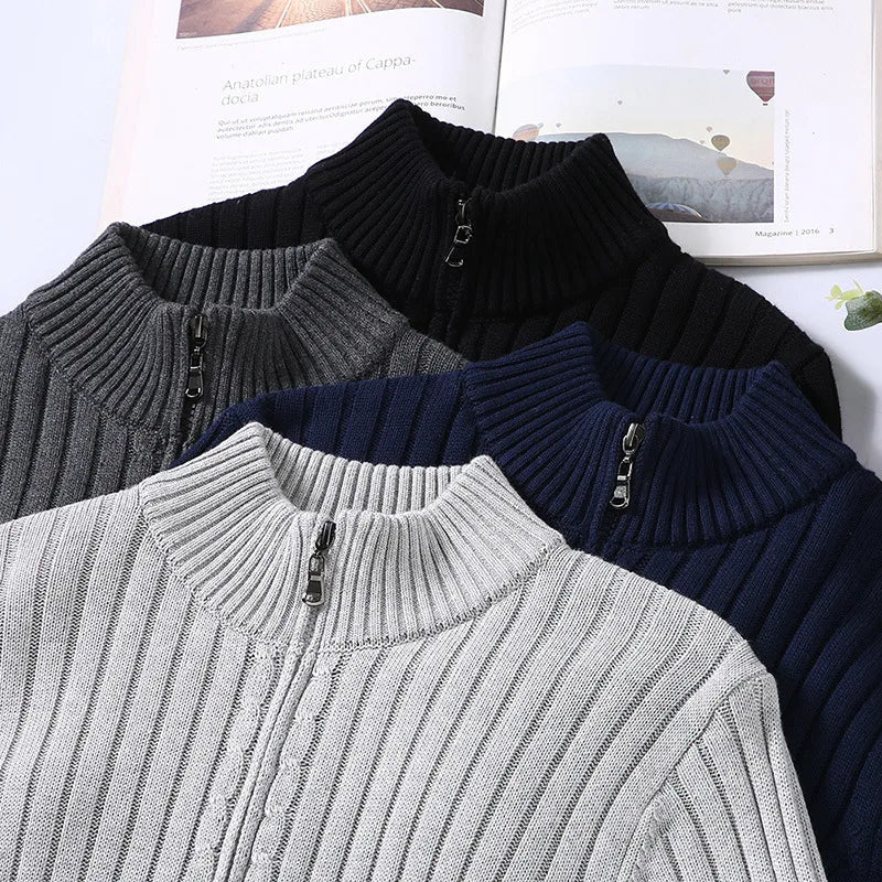 Men's Ribbed Zip Cardigan with Upright Collar Detail - Multiple color views