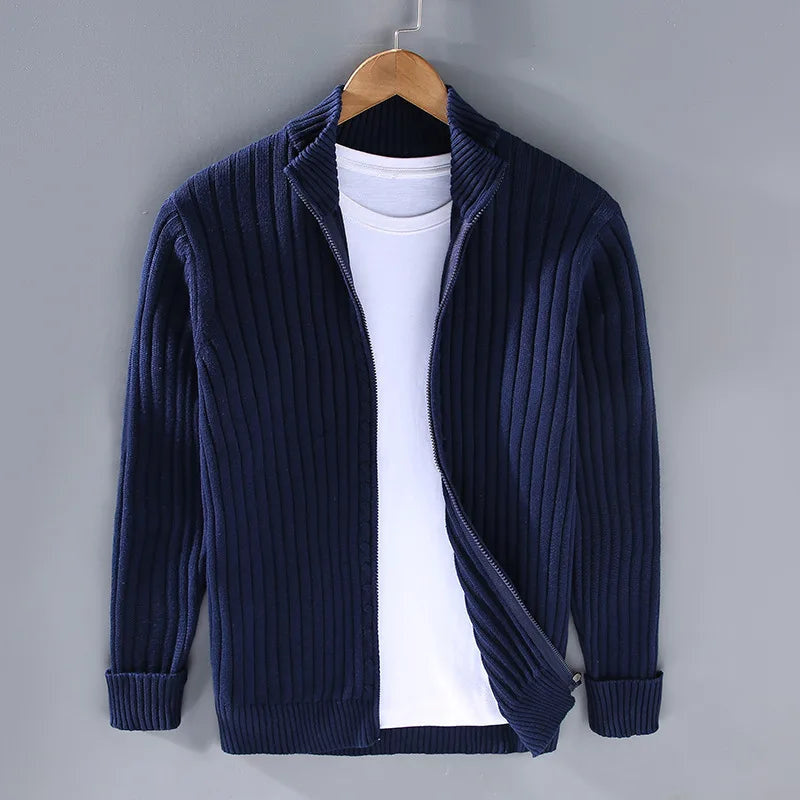Men's Ribbed Zip Cardigan with Upright Collar Detail - Blue