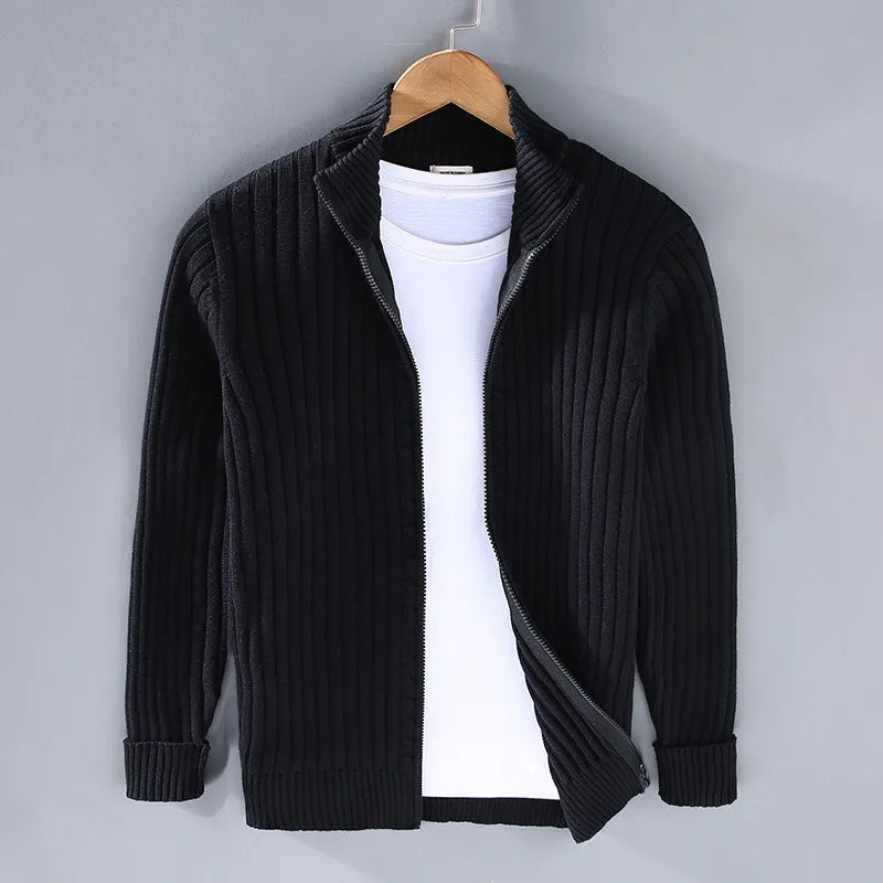 Men's Ribbed Zip Cardigan with Upright Collar Detail - Black