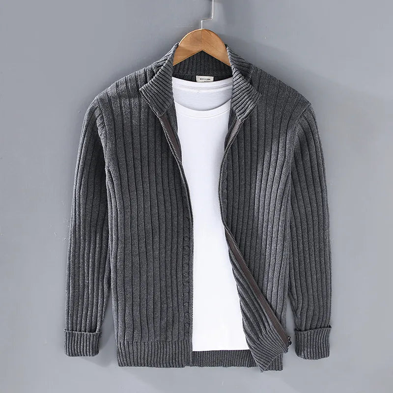 Men's Ribbed Zip Cardigan with Upright Collar Detail - Dark Gray