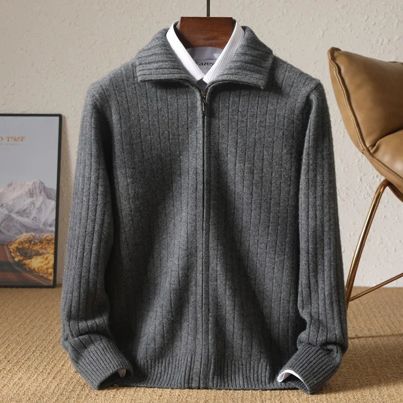 Men's Ribbed Zip Front Cardigan with Foldover Collar - Gray