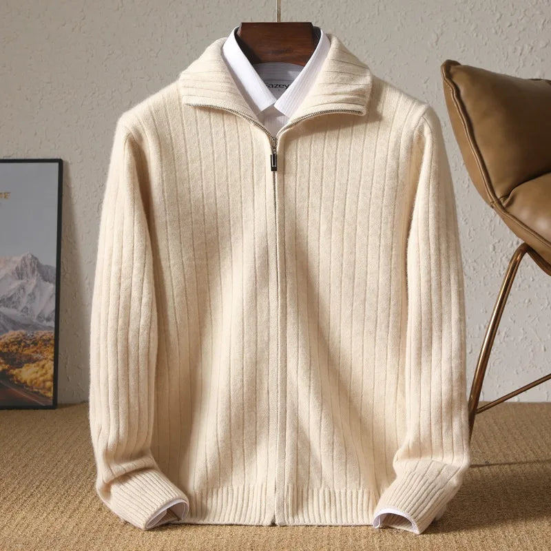 Men's Ribbed Zip Front Cardigan with Foldover Collar - Beige