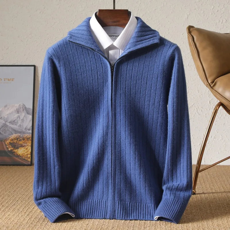 Men's Ribbed Zip Front Cardigan with Foldover Collar - Blue