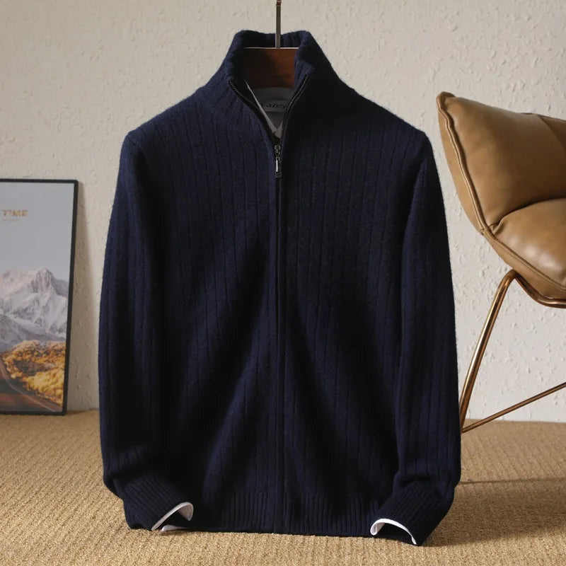 Men's Ribbed Zip Front Cardigan with Foldover Collar - Navy Blue