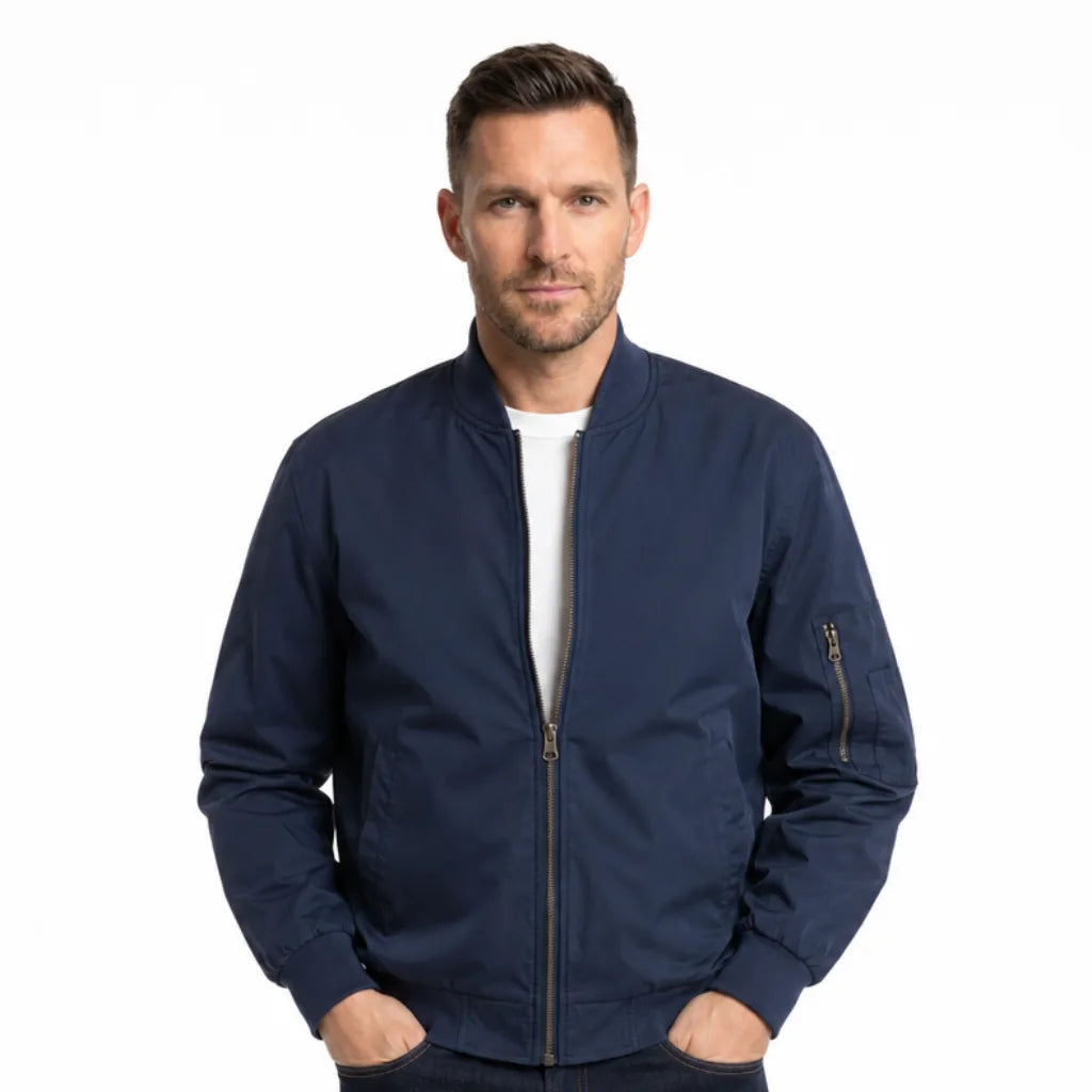 Men's Short Stand Collar Zip Jacket with Sleeve Pocket - Blue