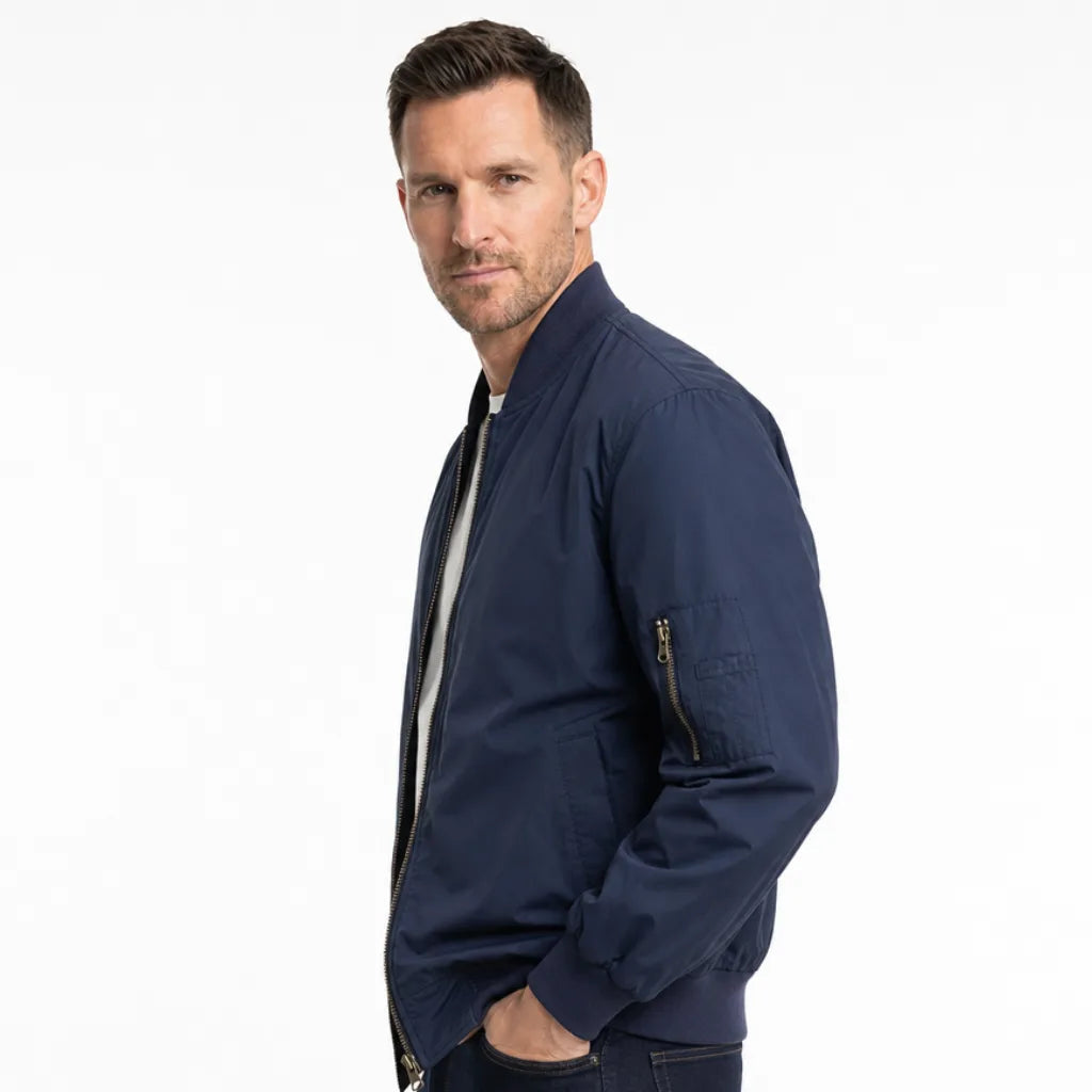 Men's Short Stand Collar Zip Jacket with Sleeve Pocket - Blue