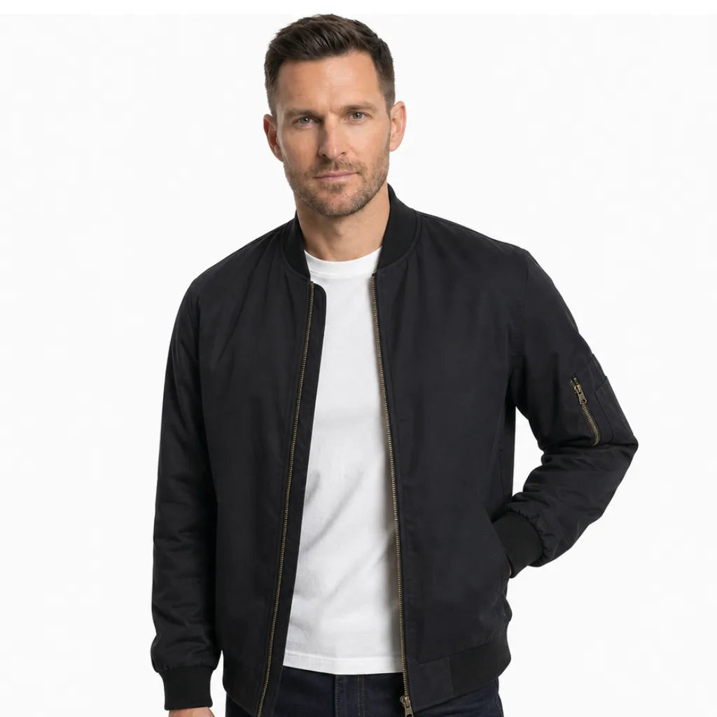 Men's Short Stand Collar Zip Jacket with Sleeve Pocket - Black