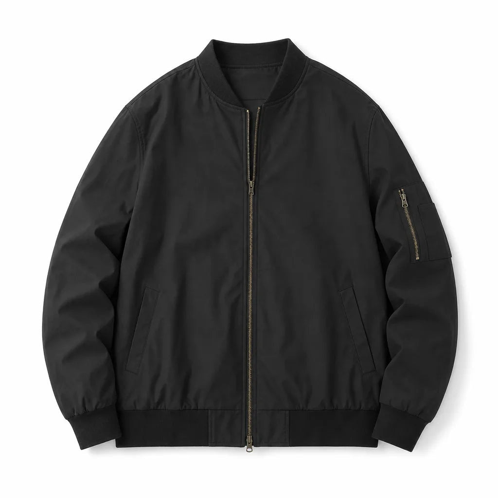 Men's Short Stand Collar Zip Jacket with Sleeve Pocket - Black