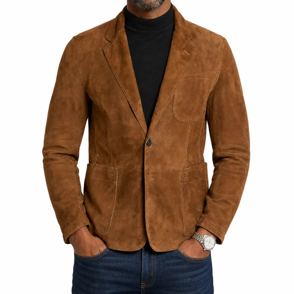 Men's Single Button Blazer with Large Patch Pockets - Brown