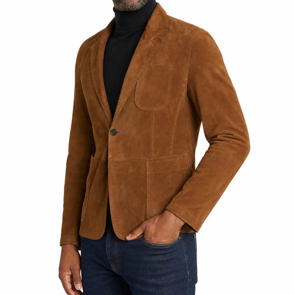 Men's Single Button Blazer with Large Patch Pockets - Brown
