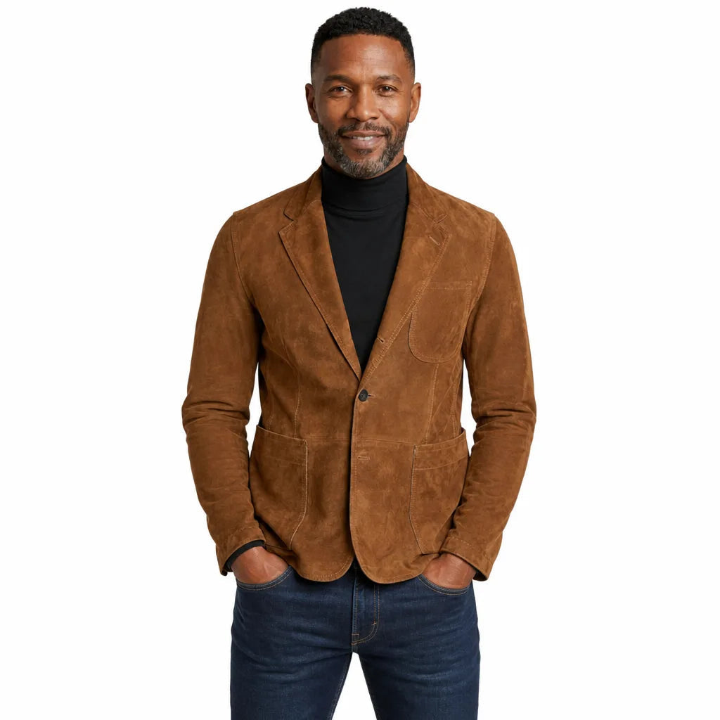 Men's Single Button Blazer with Large Patch Pockets - Brown