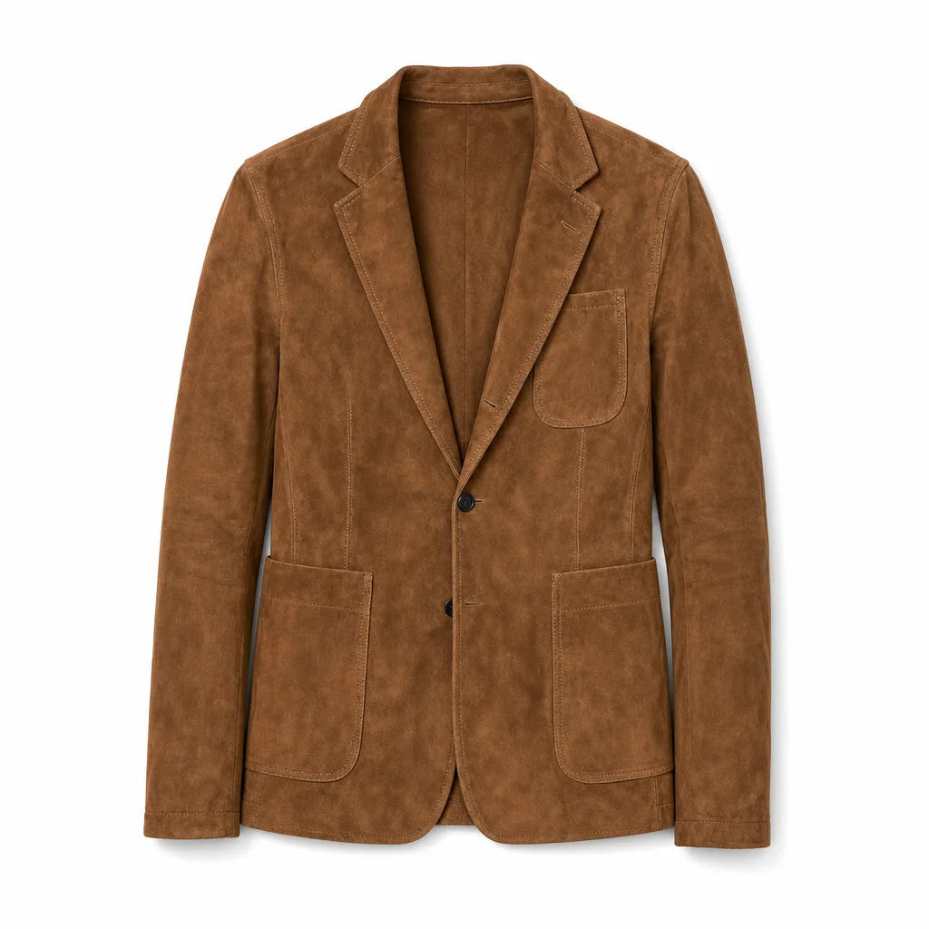 Men's Single Button Blazer with Large Patch Pockets - Brown