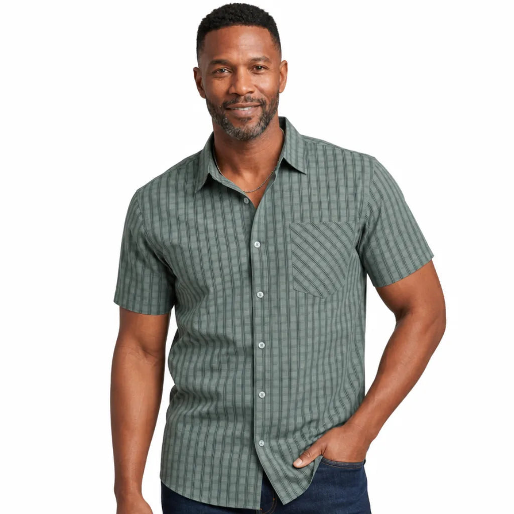 Men's Small Check Short Sleeve Shirt with Button Front - Green