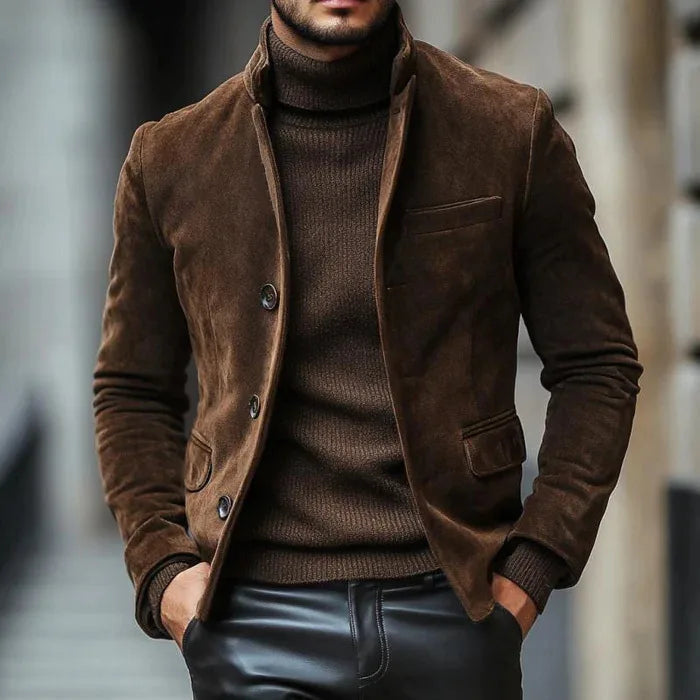 Men's Stand Collar Button Jacket with Patch Pockets - Brown