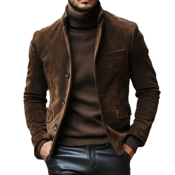 Men's Stand Collar Button Jacket with Patch Pockets - Brown