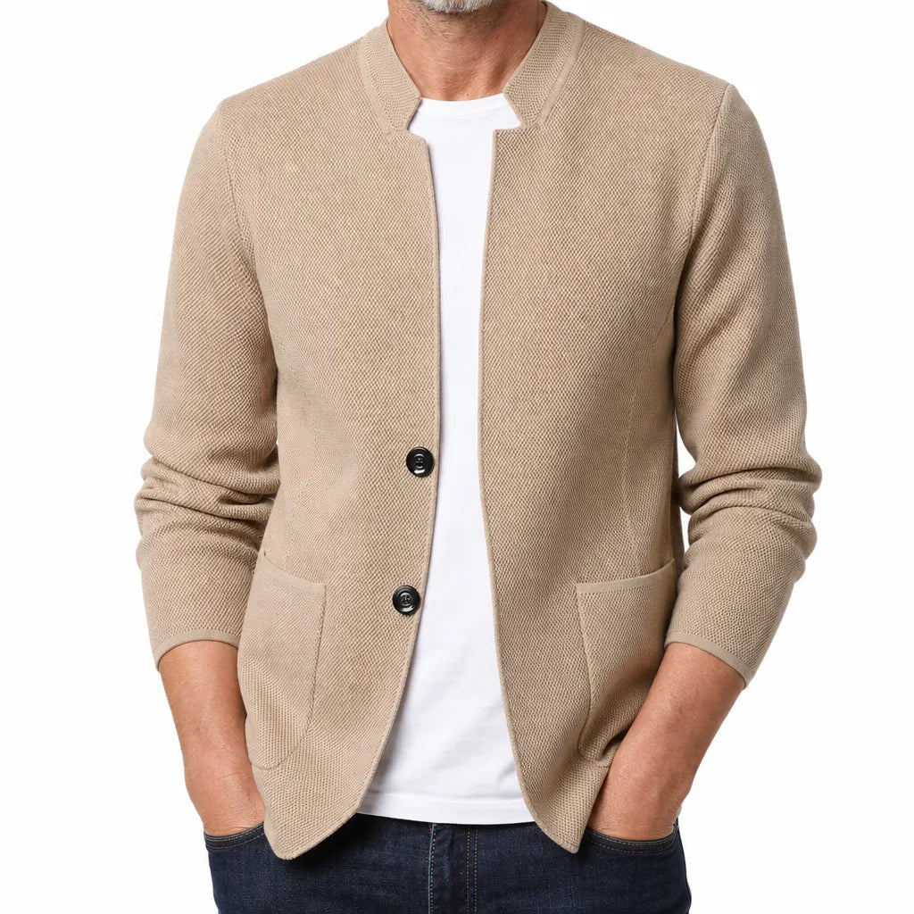 Men's Stand Collar Cardigan with Single Button Front - Beige