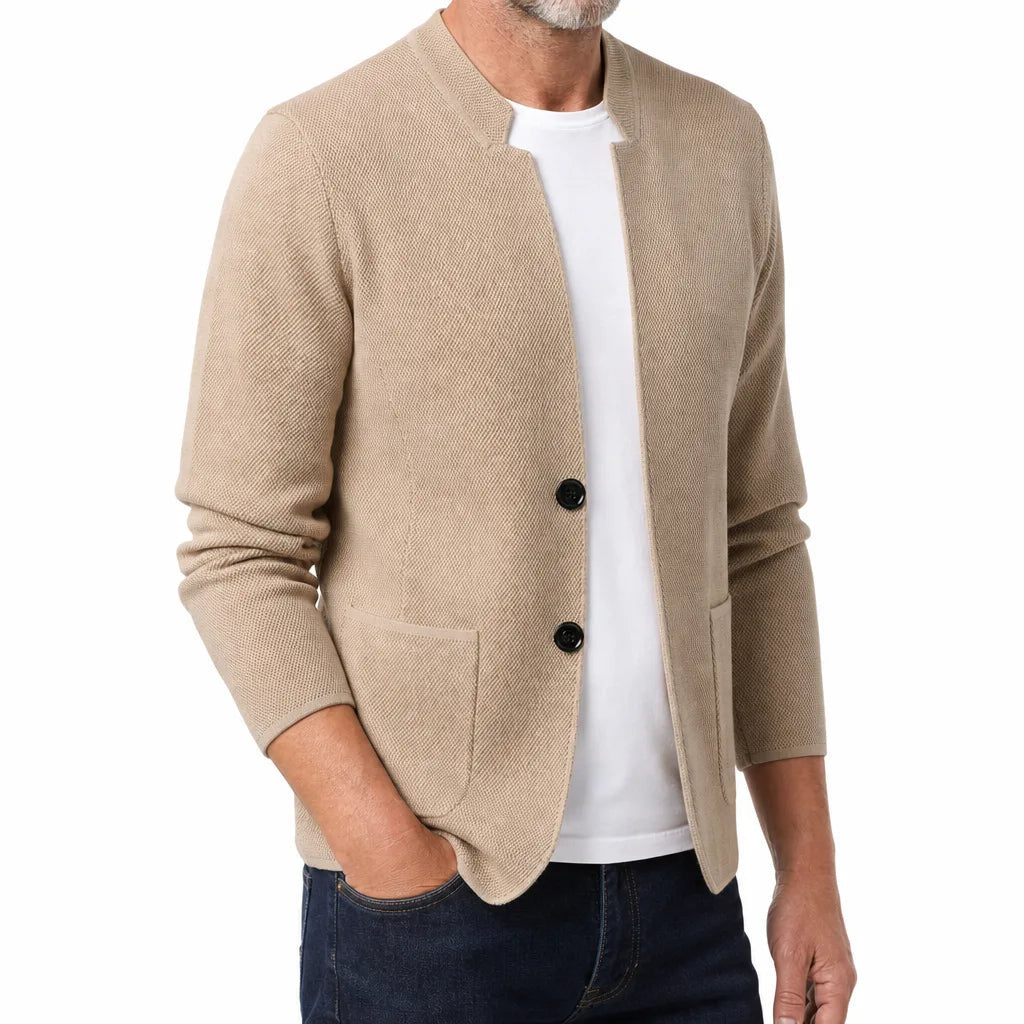 Men's Stand Collar Cardigan with Single Button Front - Beige