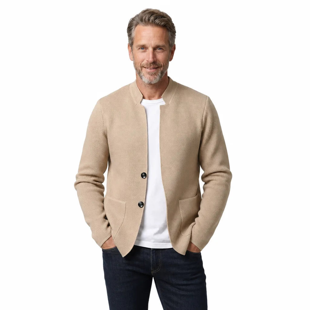 Men's Stand Collar Cardigan with Single Button Front - Beige