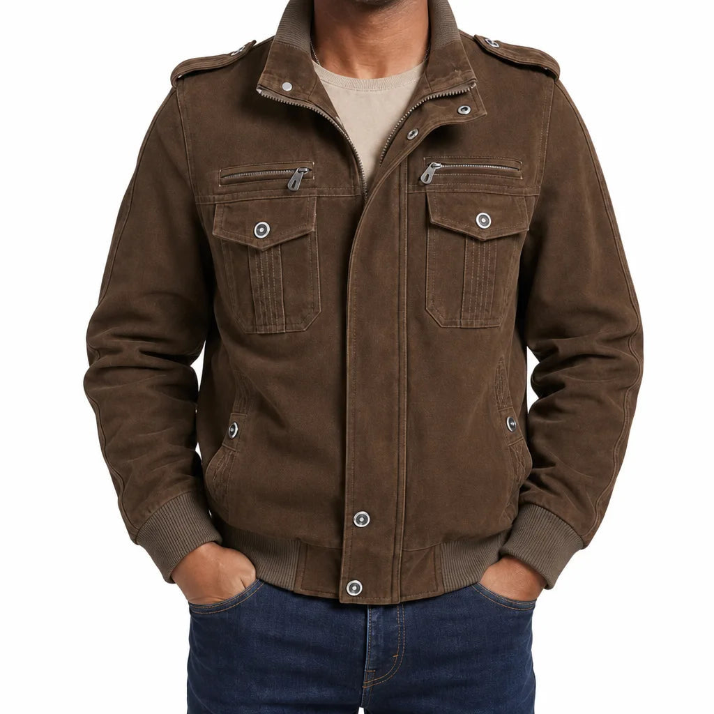 Men's Stand Collar Jacket with Shoulder Tabs and Pockets - Brown