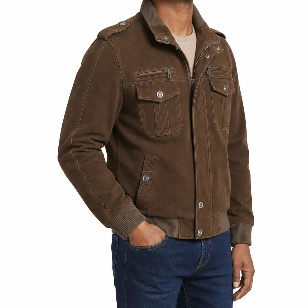 Men's Stand Collar Jacket with Shoulder Tabs and Pockets - Brown