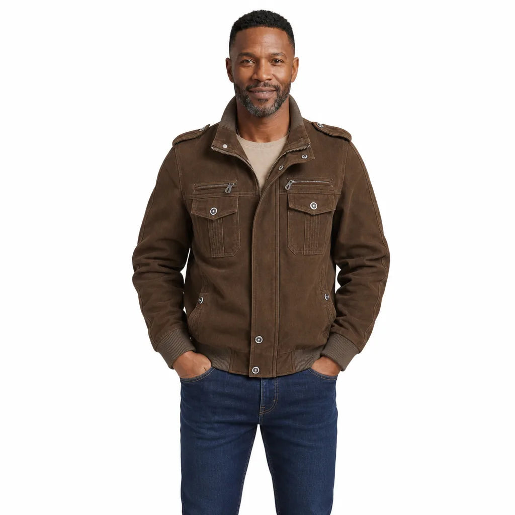 Men's Stand Collar Jacket with Shoulder Tabs and Pockets - Brown