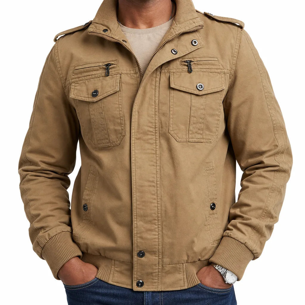 Men's Stand Collar Jacket with Shoulder Tabs and Pockets - Beige