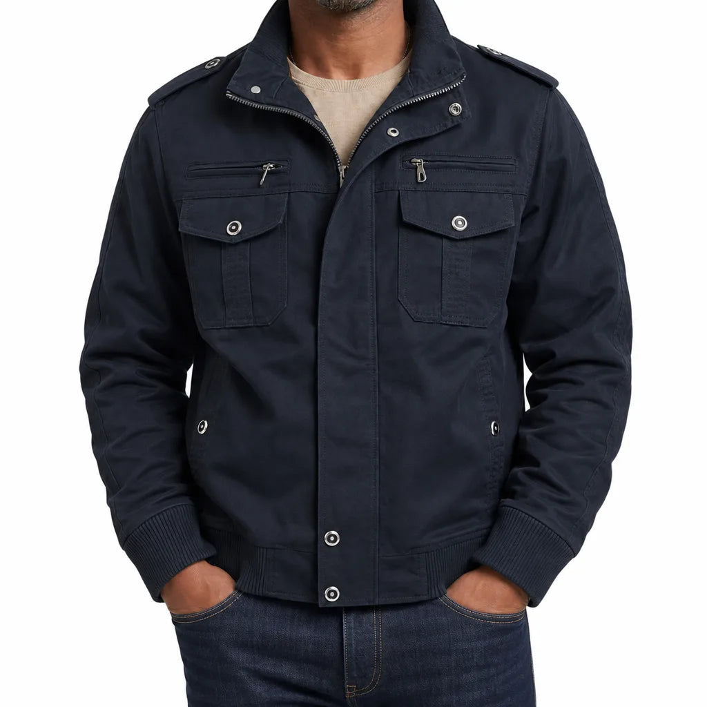 Men's Stand Collar Jacket with Shoulder Tabs and Pockets - Blue