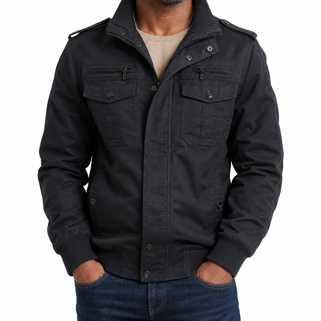 Men's Stand Collar Jacket with Shoulder Tabs and Pockets - Black
