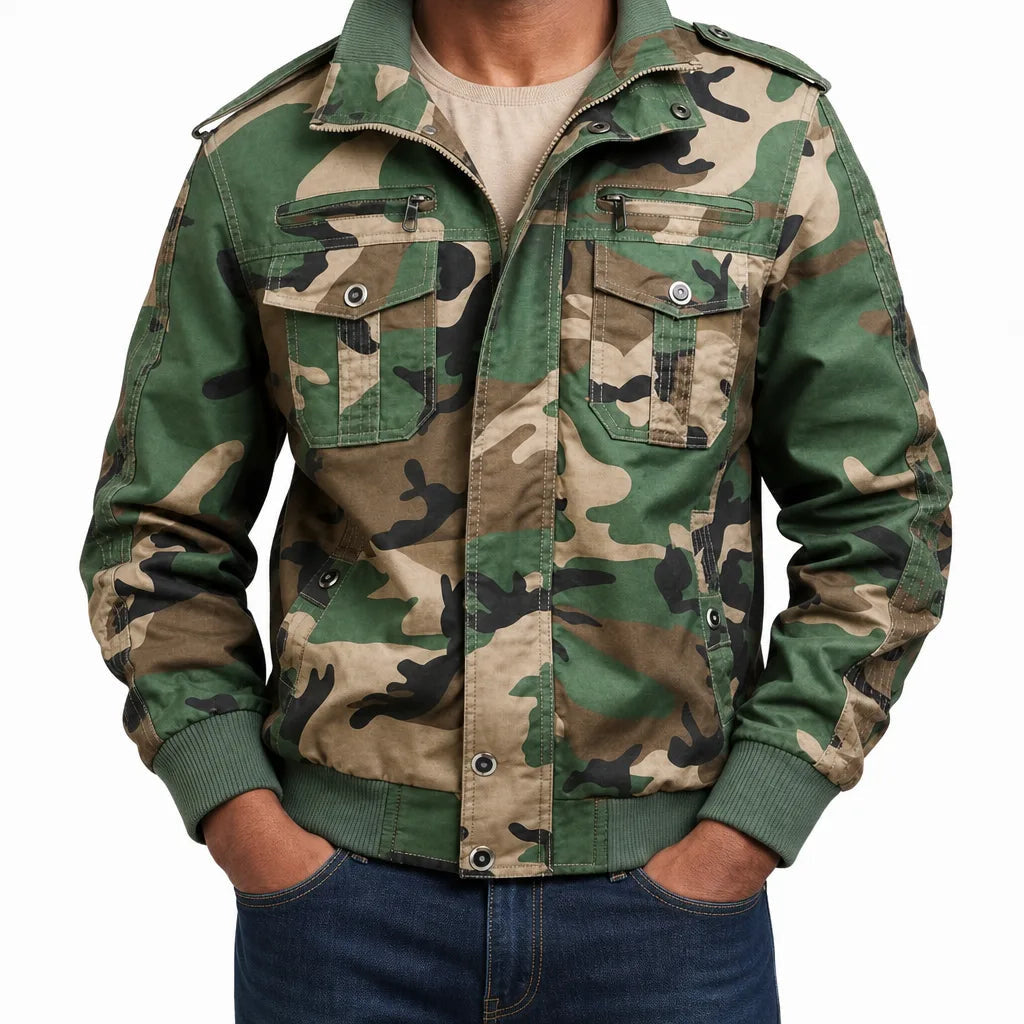 Men's Stand Collar Jacket with Shoulder Tabs and Pockets - Camouflage