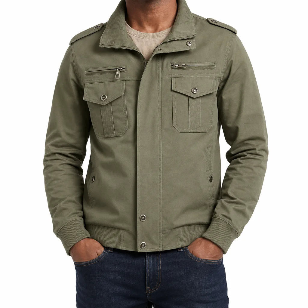 Men's Stand Collar Jacket with Shoulder Tabs and Pockets - Green