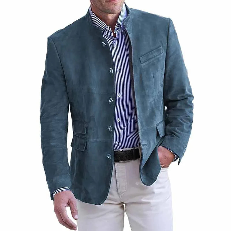 Men's Stand Collar Jacket with Welt Chest Pocket - Blue