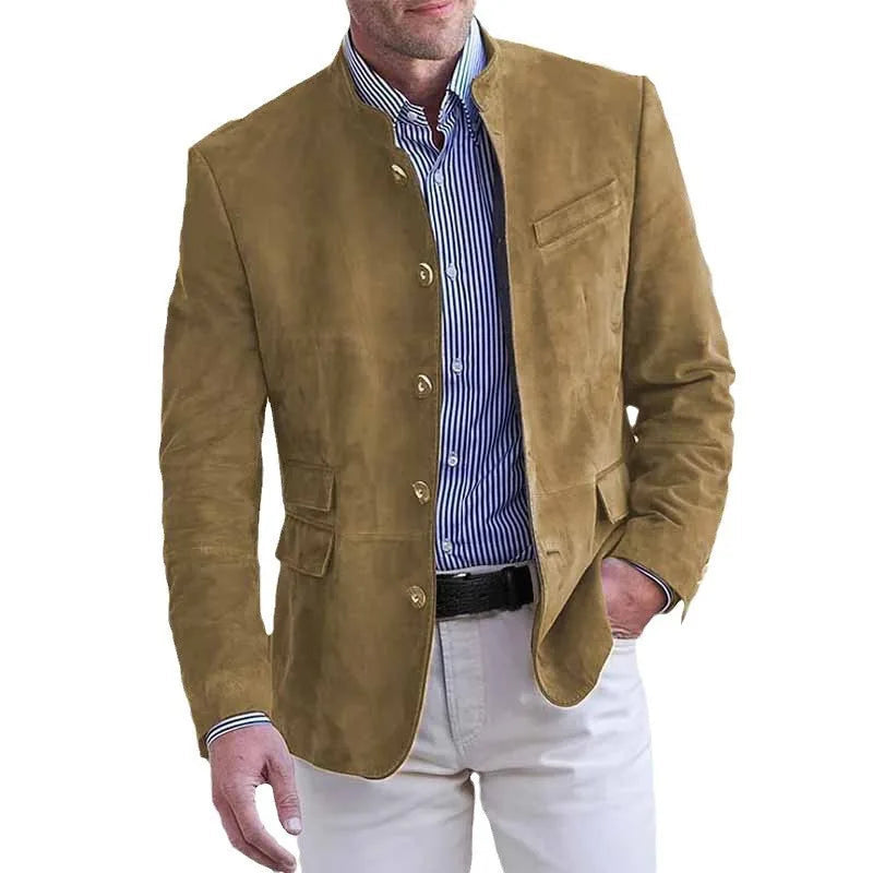 Men's Stand Collar Jacket with Welt Chest Pocket - Yellow