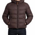 Men's Stand Collar Puffer Jacket with Horizontal Panels - Brown