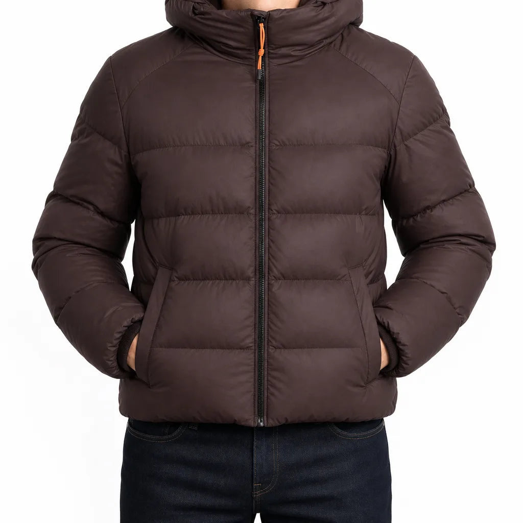 Men's Stand Collar Puffer Jacket with Horizontal Panels - Brown