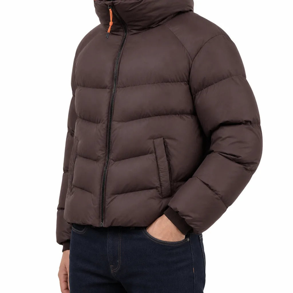Men's Stand Collar Puffer Jacket with Horizontal Panels - Brown