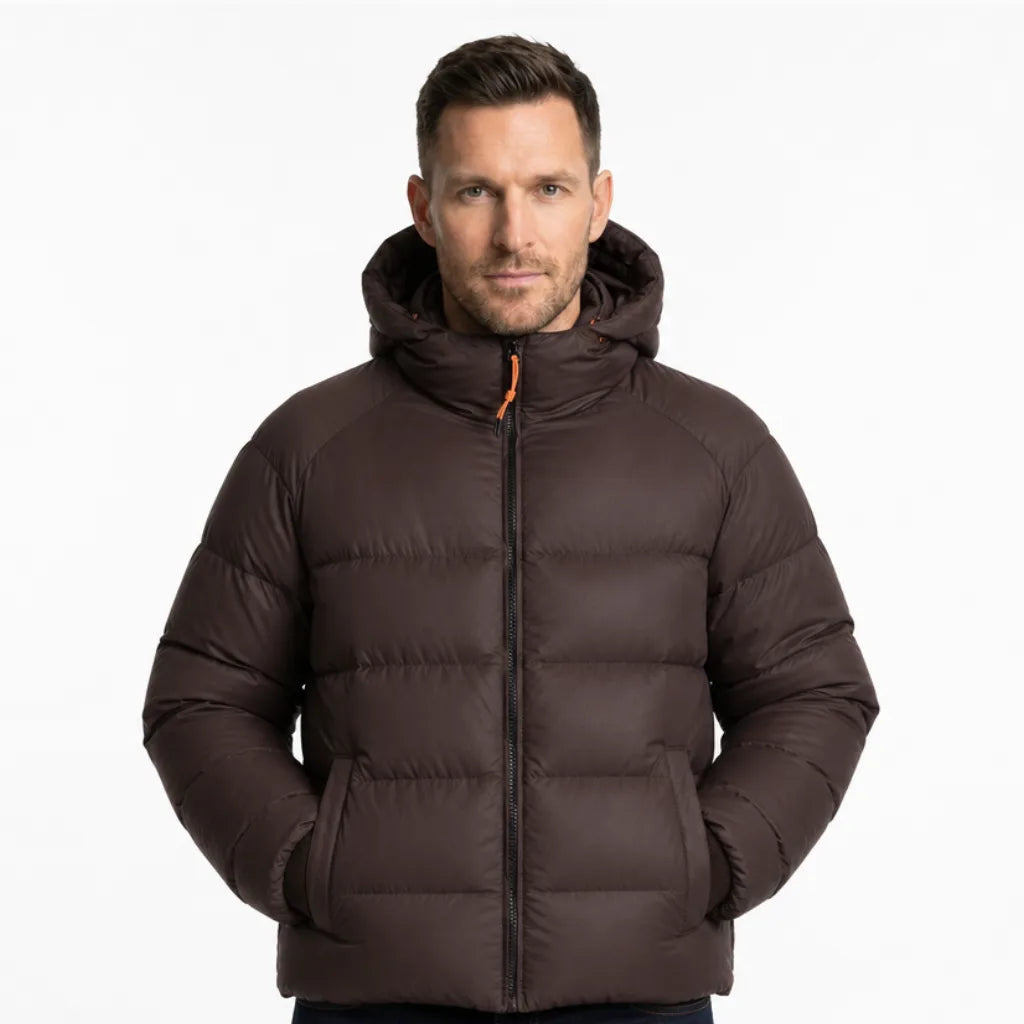 Men's Stand Collar Puffer Jacket with Horizontal Panels - Brown