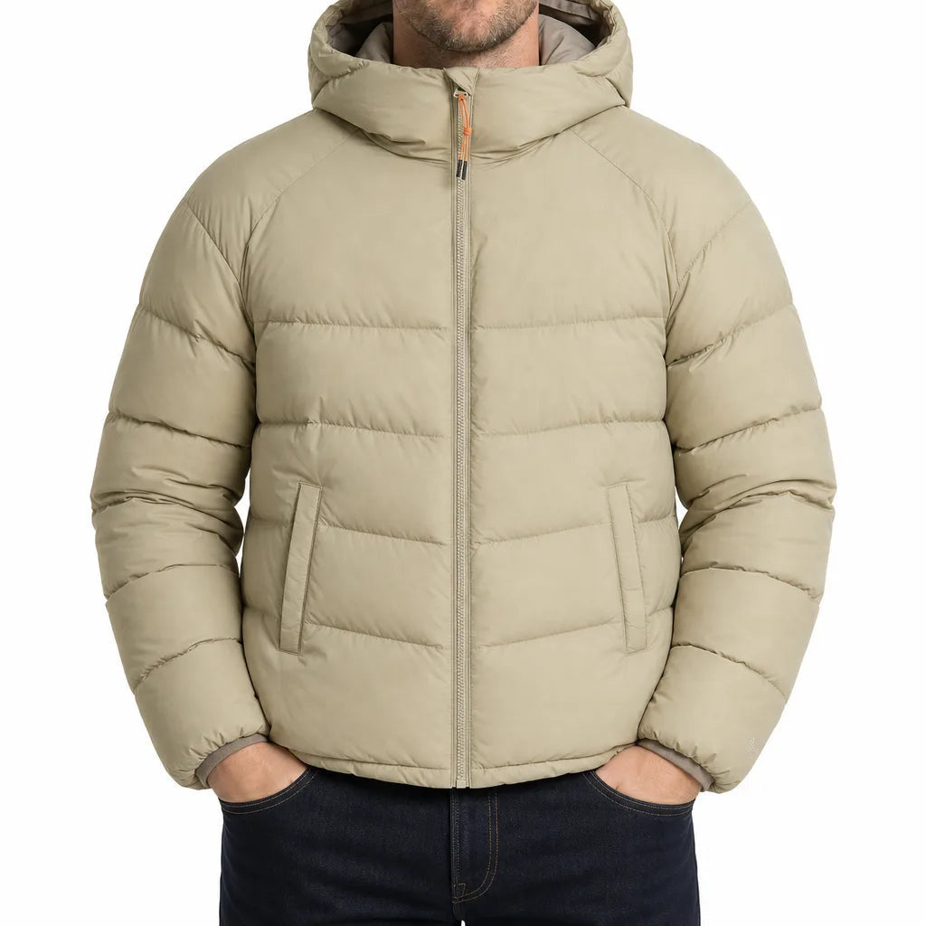 Men's Stand Collar Puffer Jacket with Horizontal Panels - Khaki Green