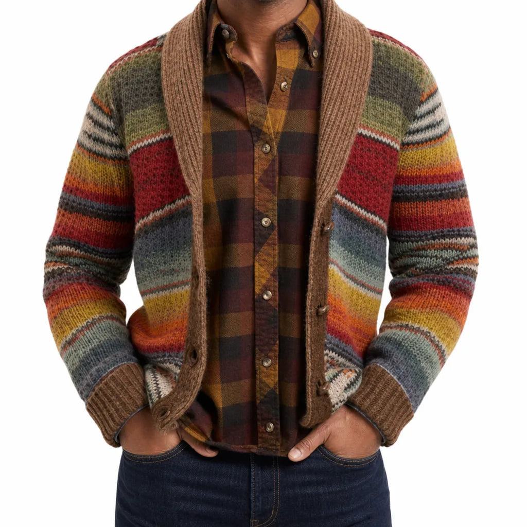 Men's Striped Open Front Cardigan with Shawl Collar - Multicolor