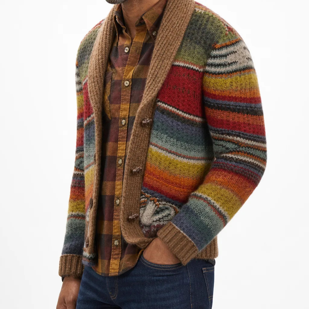 Men's Striped Open Front Cardigan with Shawl Collar - Multicolor