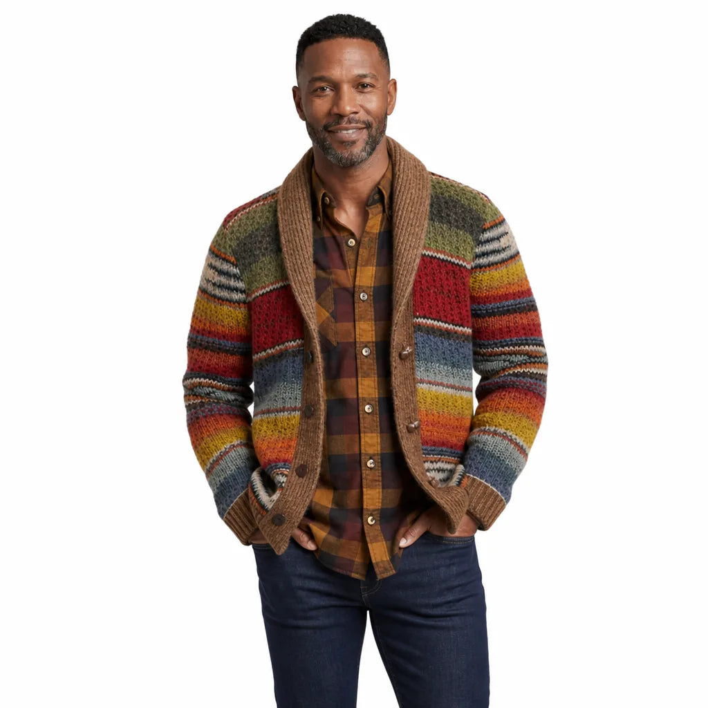 Men's Striped Open Front Cardigan with Shawl Collar - Multicolor