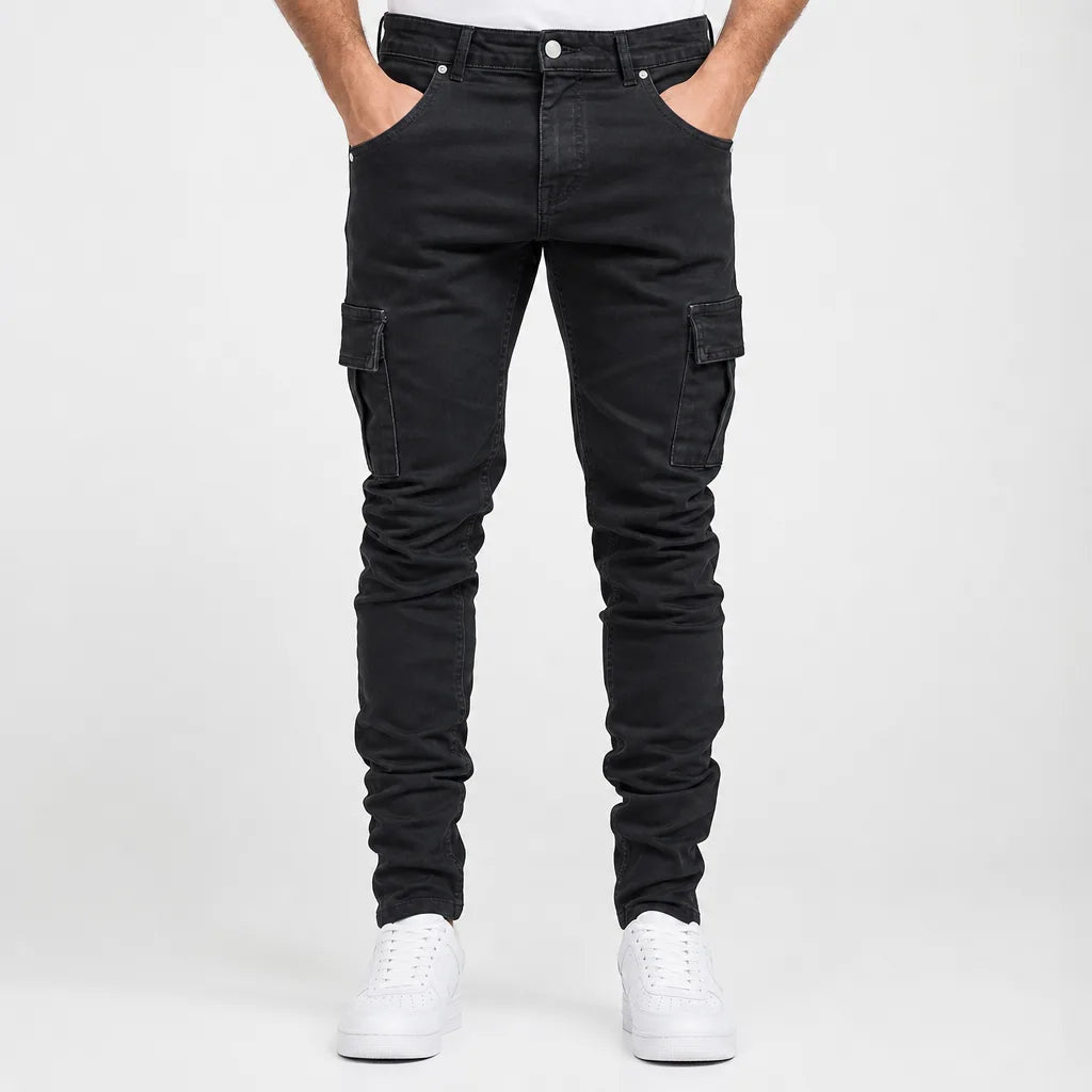 Men's Tapered Cargo Jeans with Flap Thigh Pockets - Black