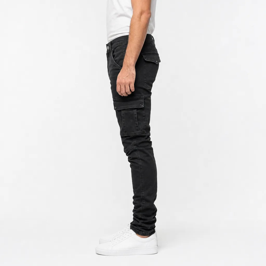 Men's Tapered Cargo Jeans with Flap Thigh Pockets - Black
