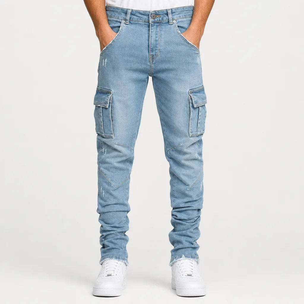 Men's Tapered Cargo Jeans with Flap Thigh Pockets - Blue