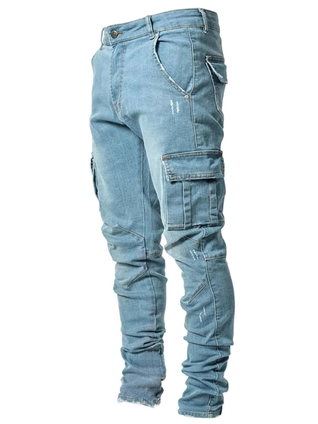 Men's Tapered Jeans with Cargo Pockets and Panel Seams - Blue