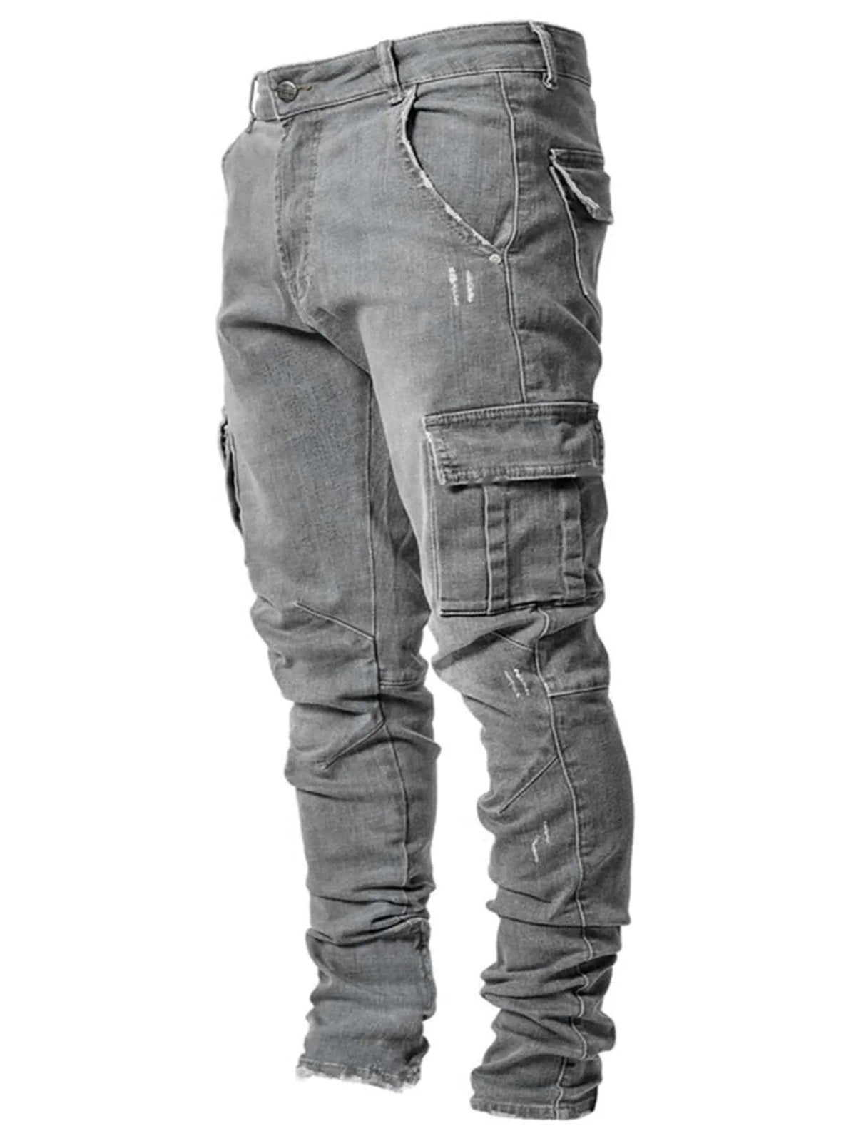 Men's Tapered Jeans with Cargo Pockets and Panel Seams - Gray