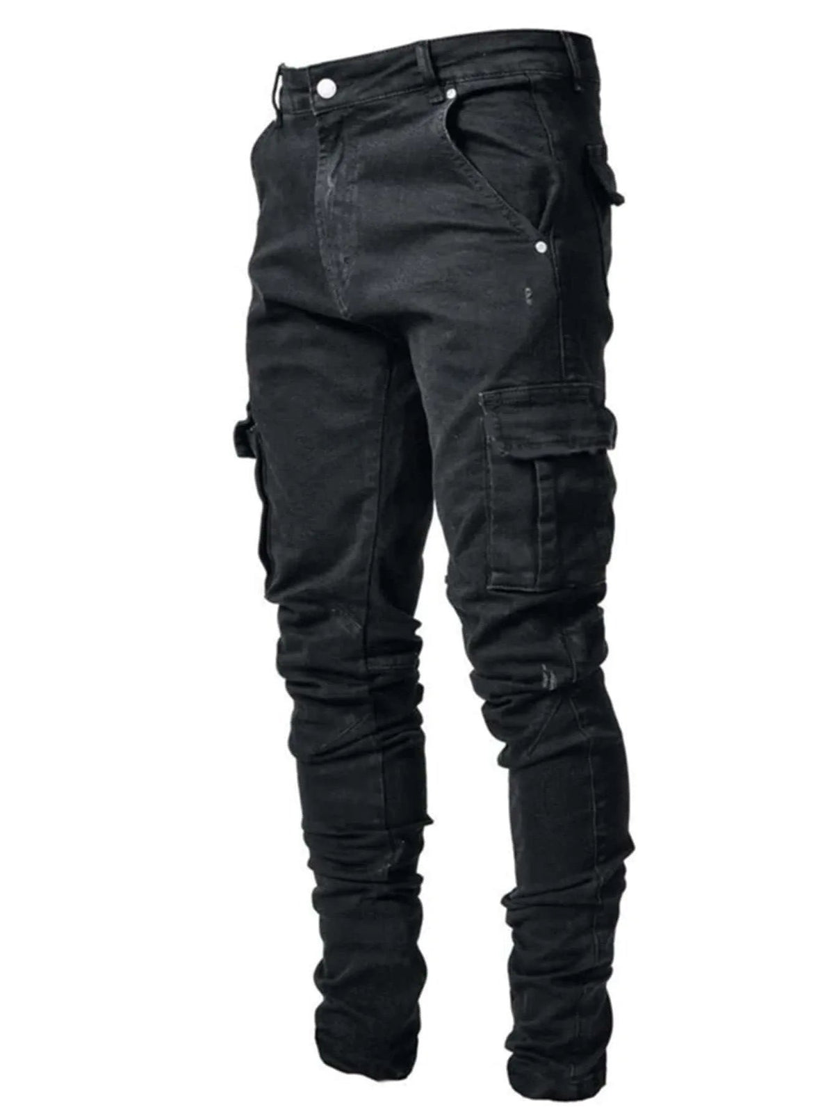 Men's Tapered Jeans with Cargo Pockets and Panel Seams - Black
