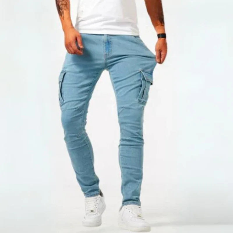 Men's Tapered Jeans with Cargo Pockets and Panel Seams - Blue