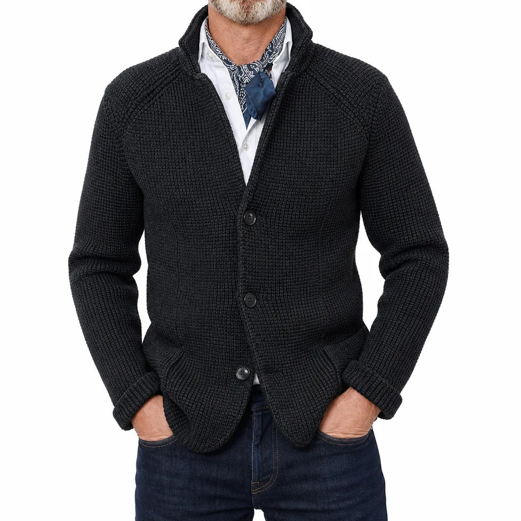Men's Textured Button Cardigan with Raised Collar - Black
