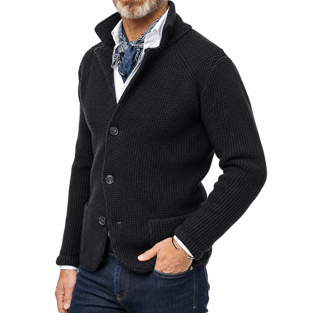 Men's Textured Button Cardigan with Raised Collar - Black