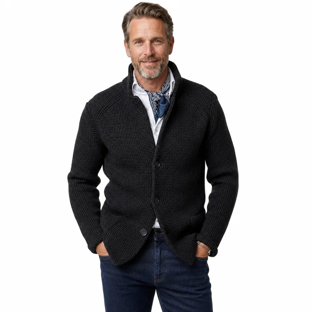 Men's Textured Button Cardigan with Raised Collar - Black